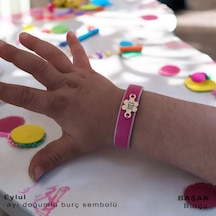 Eylül Ayı Doğumlarına 14 Ayar Altın Plakalı Çiçek Motifli Doğal Pembe Derili Hediye Bileklik-383ay Eylül