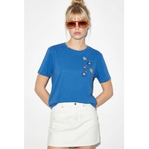 Shade Kadın Pamuk El İşi Çiçek Nakış Detaylı  Tasarım T-shirt 1005 60282050 - Gök Mavisi Açık Mavi L