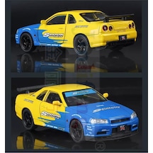 Nissan Skyline Gtr R34 Modifiyeli 1:24 Diecast Metal Model Araba Koleksiyon Sesli Işıklı Sarı Mavi
