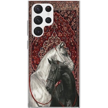 Samsung Galaxy S22 Ultra Uyumlu Geleneksel Halı Motifli Siyah Beyaz At Baskılı Silikon Kılıf Renkli