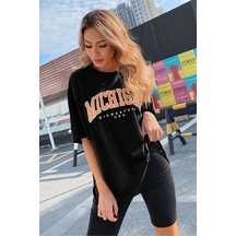 Kadın Örme Michigan Basklı Siyah %100 Pamuk T-shirt. Siyah
