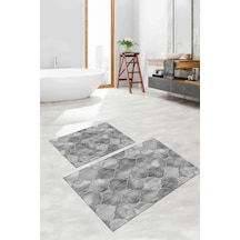 Buççin Online Mağaza Dijital Baskılı Yıkanabilir Kaymaz Taban Kupa Desenli Banyo Paspası Klozet Takımı Polyester Gri Çok Renkli
