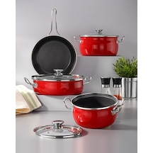 Bonera Lilium Emaye 7 Pcs Güveç Set Dışı Kırmızı / İçi Titanyum 18-24-26-26