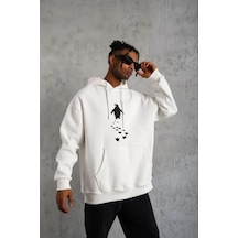 Erkek Nihilist Penguen Baskılı 3 İplik Pamuklu Kapüşonlu Sweatshirt Hoodie Beyaz