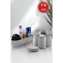 Flora 5 Parça Banyo Seti Çok Amaçlı Sepet, Sıvı Sabunluk, Katı Sabunluk, Diş Fırçalık, Pamukluk Gri