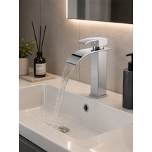 Lüx Kare Lavabo Bataryası Krom Şelale Akışlı Kare Gövde Modern Banyo Musluğu Çift Su Girişli Lavabo Musluğu Siyah