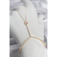 Mey İthalat Gold Renk Pirinç Zirkon Taşlı Pembe Kalp Model Şahmeran Çok Renkli