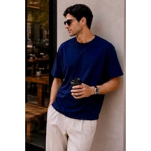 Bbbutikbasic Erkek Oversize Basic Bisiklet Yaka Pamuklu Tişört My3535 Lacivert