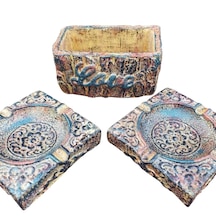 Hediyemiks 3 Lü Dekoratif Kase Seti Küllük & Saksı -vintage Eskitme El Yapımı Tasarım