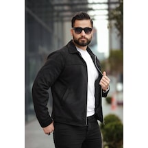 Basic Old Money Polo Yaka Astarlı Süet Ceket Siyah Süet