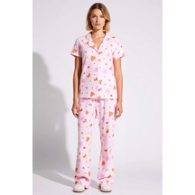 Benerly Kadın Gömlek Yaka Kısa Kol Eğlence Desenli Pijama Takımı Regular Pembe