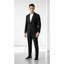 Erkek Yazlık Dokulu Kumaş Tek Düğme Ceketli Jogger Pantolonlu Takım Elbise Slim Fit Spor Şık Kombin Siyah