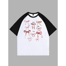 Tarzsokak Fiyonk Detaylı Baskılı Çift Renk T Shırt Beyaz