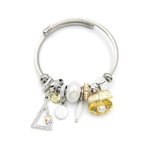 Çelik Charmlı İncili Deniz Kabuğu Bilezik - Beyaz Çok Renkli