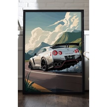 Nissan Gtr Siyah Ahşap Çerçeveli Poster, Dekoratif Araba Duvar Tablosu