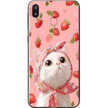 Samsung Galaxy M20 Uyumlu Örtülü Kedi Çilekli Baskılı Silikon Kılıf Renkli