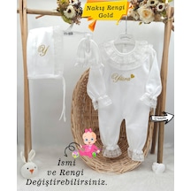 Gros Shop Yeni Doğan Dantelli 3'lü Hastane Çıkış Tulum Seti Kişiye Özgü İs Gold Altın