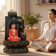 Dekoratif Büyük Şelaleli Led Işıklı Buddha Masaüstü Dekoratif Su Çeşmesi Akan Su Efektli Feng Shui Meditasyon, Yoga, E