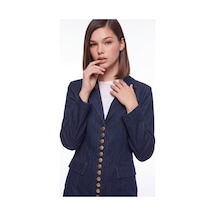 CEMO Gold Düğme Detaylı Uzun Blazer Ceket Lacivert