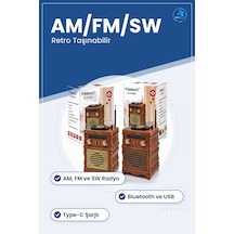 Nostaljik Radyo Hoparlör Am Fm Sw Bluetooth Usb Type C Şarjlı Ret