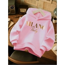 Kışlık Kapüşonlu Sweatshirt, Çocuk We Milano İtaliy Baskılı Pembe
