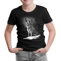 Wolf Howling At The Moon Realistic Siyah Çocuk Tshirt 001