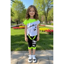 Riccotarz Kız Çocuk Üzeri Yazı Baskılı Bisiklet Yaka T-shirt Ve Şerit Detaylı Siyah Kapri Şortlu Takım Siyah