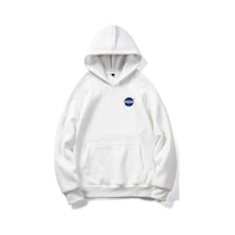 Nasa Logo Sweatshirt - Beyaz Baskılı Oversize Kapüşonlu Beyaz