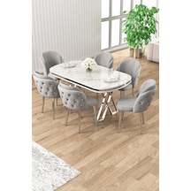 Canisa Zae Serisi 90x168 Lak Panel Beyaz Mermer Desen Krom Ayak Masa Takımı 6 Gri Sandalye Siyah Mermer Desen Masa Sandalyeler Krem