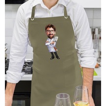 Bk Gift Kişiye Özel Erkek Chef Karikatürlü Profesyonel Haki Yeşil Mutfak Önlüğü, Aşçı Önlüğü, Şef Önlüğü, Arkadaşa -20 Bej