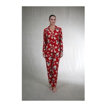 Estiva Kadın Ayıcık Desenli Önden Düğmeli Süet Pijama Takımı Kırmızı