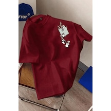 Bambu Panda Grafikli Cep Detaylı Kısa Kollu Oversize Unisex Bisiklet Yaka Tişört Kirmizi