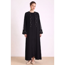 Olcay Taş Ve Tül Detaylı Abaya Takım Siyah 9450-tk