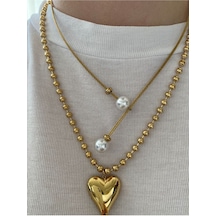 Kadın Sıralı Toplu İri Kalp Çelik Kararmaz Gold Kolye