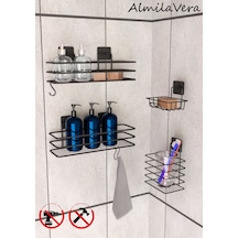 Siyah Paslanmaz Yapışkanlı Metal Banyo Rafı Düzenleyici 4'lü Set Kancalı Duş Rafı Sabunluk Rafı Siyah