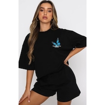 Kelebek T-shirt Şort - Siyah Alt Üst Kombin Şort Tişört Takım Baskılı Oversize Bisiklet Yaka Siyah