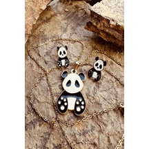 Patili Panda Siyah Beyaz Mineli Altın Renk Çelik Çocuk Takı Set