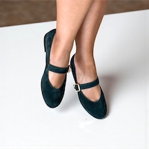 Ne&ve Shoes Koyu Yeşil Süet Hakiki Deri Yuvarlak Burunlu Tokalı Kadın Babet