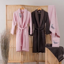 BAMBU 6 PARÇA AİLE BORNOZ SETİ NAKIŞLI PERLA PEMBE ANTRASİT Pembe