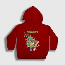 Presmono Unisex Çocuk All Minecraft Kapüşonlu Sweatshirt Kırmızı