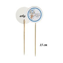 15 Cm Uzun Kürdan - 20 Adet Kişiye Özel Baskılı Mavi Baby Shower Partisi Pasta Kürdanı -1