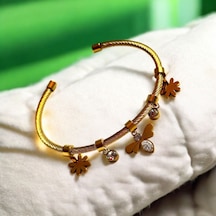 Kırmızı Sanat Evi Gold Arı Ve Çiçek Detaylı Şık Taşlı Kadın Çelik Kelepçe