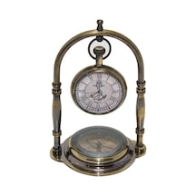 1 Adet Pirinç Masaüstü Pusulalı Saat Dekoratif Masa Saati Ve Pusula, Desk Clock Compass, 15 9 Cm Diğer