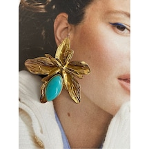 Pinery Jewels Firuze Taşlı Yaprak Paslanmaz Çelik Kadın Küpe Çifti Altın