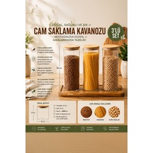Porsima 3-3 Bambu Vakumlu Kapaklı Yuvarlak Borosilikat Cam 3lü Kavanoz Seti Saklama Kabı 1650ml 10x25cm Cam - Şeffaf