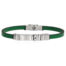 Erkek Çelik Detay Yeşil Renk Deri Bileklik Gümüş