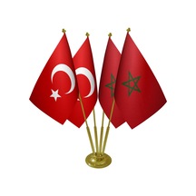 Masa Üstü Fas Bayrağı Türk Bayrağı Dörtlü Pirinç Direk Masa Bayra
