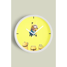 Sevimli Minyonlar Temalı Çocuk Odası Modern Duvar Saati - 30cm - Önü Camlı Beyaz Kasa Beyaz