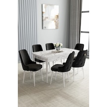 Zümra Serisi, Beyaz Mermer Desen 80x132 Açılabilir Mdf Mutfak Masası Takımı 6 Adet Sandalye Siyah