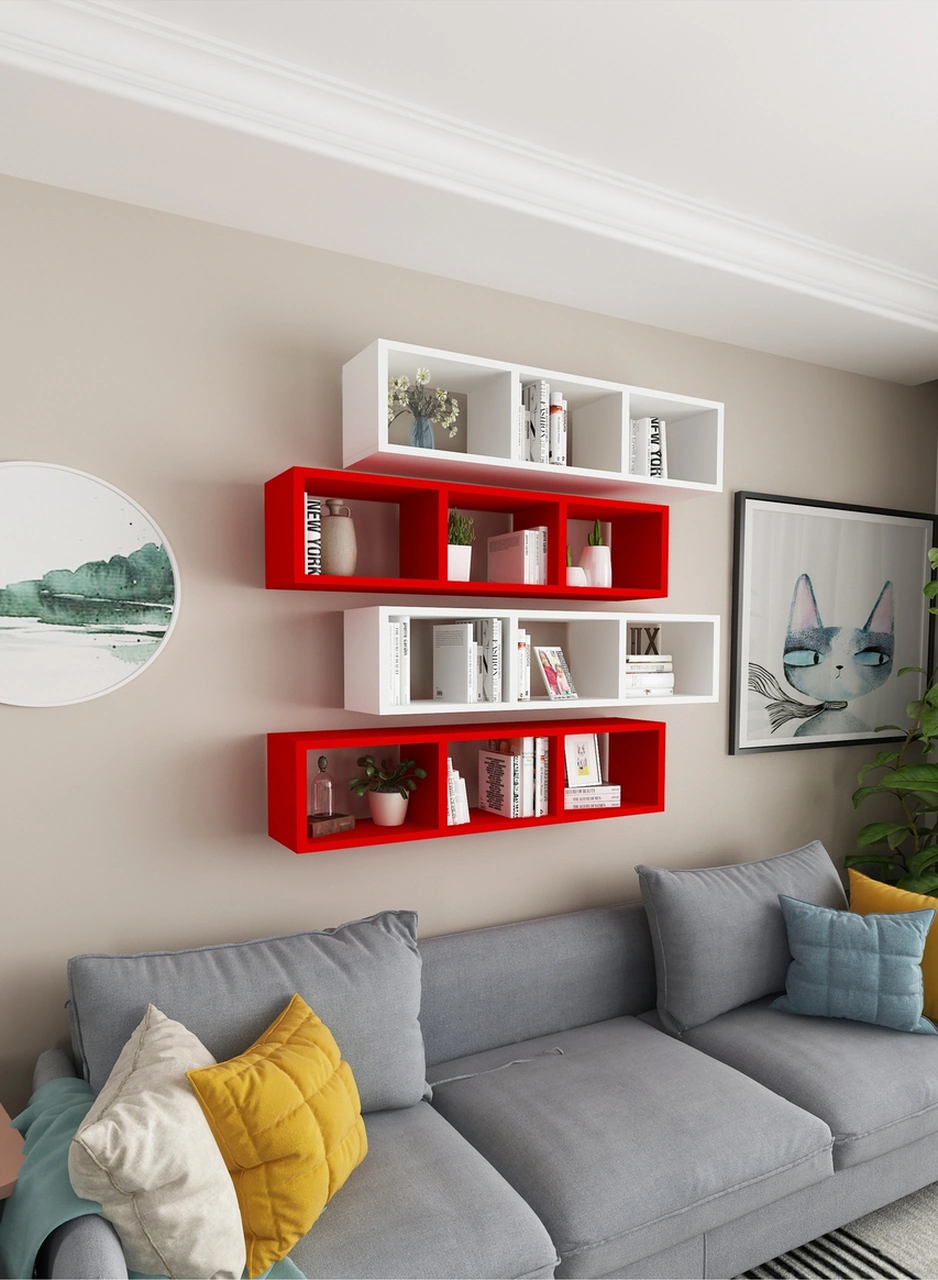 Duvar Rafı Yatay Kitaplık Mobilya Hediye Rafı Beyaz Kırmızı 4 Lü Takım Beyaz Kırmızı